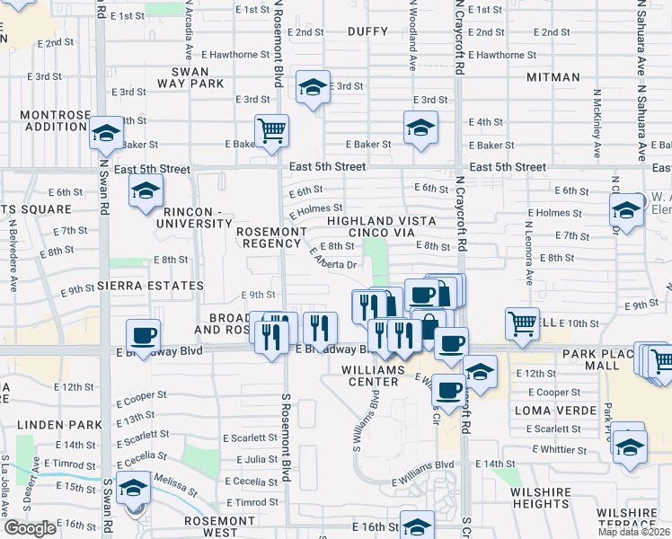 map of restaurants, bars, coffee shops, grocery stores, and more near 5204 East Alberta Drive in Tucson