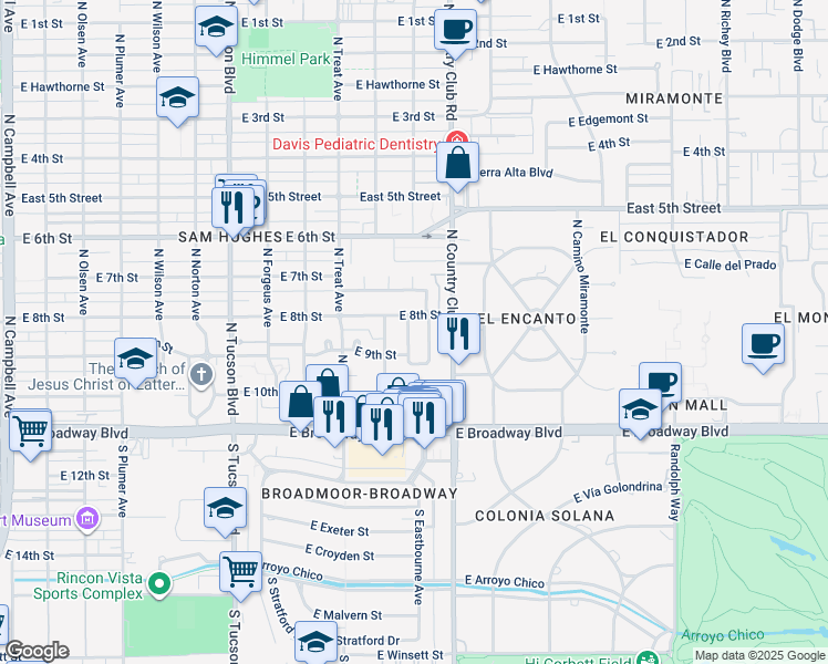 map of restaurants, bars, coffee shops, grocery stores, and more near 234 North Harris Avenue in Tucson
