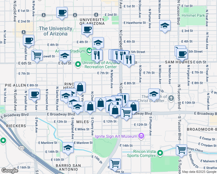 map of restaurants, bars, coffee shops, grocery stores, and more near 230 North Warren Avenue in Tucson
