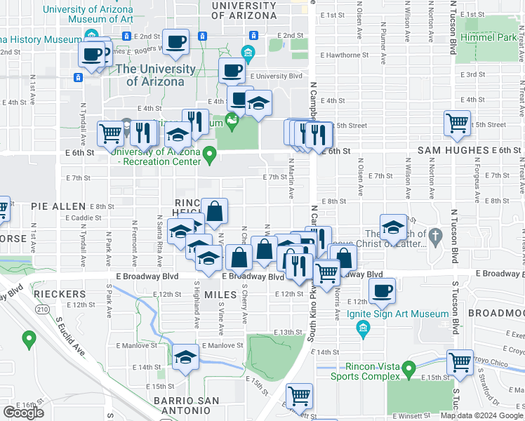 map of restaurants, bars, coffee shops, grocery stores, and more near 1612 East 8th Street in Tucson