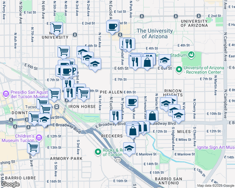 map of restaurants, bars, coffee shops, grocery stores, and more near 2091 North Tyndall Avenue in Tucson