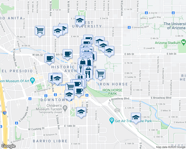 map of restaurants, bars, coffee shops, grocery stores, and more near 218 North 3rd Avenue in Tucson