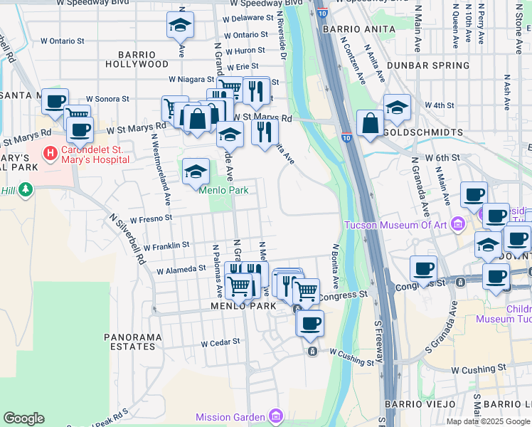 map of restaurants, bars, coffee shops, grocery stores, and more near 843 West Park Road in Tucson
