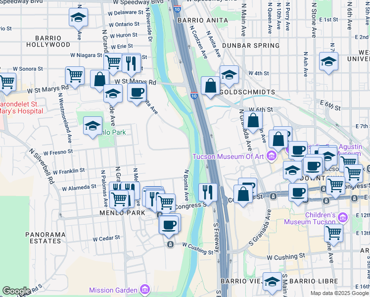 map of restaurants, bars, coffee shops, grocery stores, and more near 310 North Commerce Park Loop in Tucson