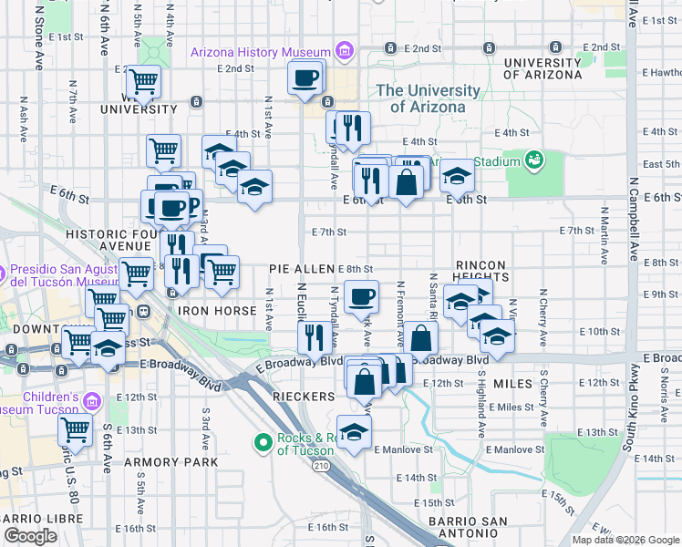 map of restaurants, bars, coffee shops, grocery stores, and more near 2091 North Tyndall Avenue in Tucson