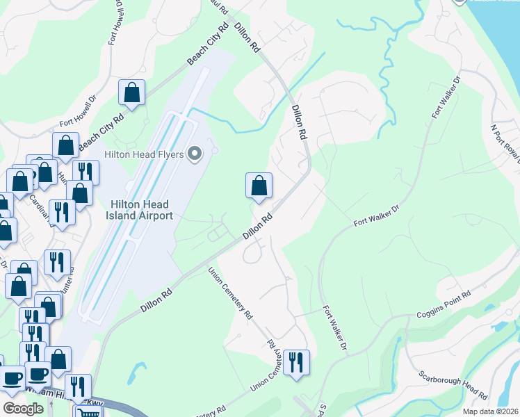 map of restaurants, bars, coffee shops, grocery stores, and more near 105 Dillon Road in Hilton Head Island