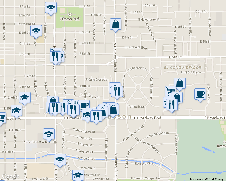 map of restaurants, bars, coffee shops, grocery stores, and more near 235 North Country Club Road in Tucson