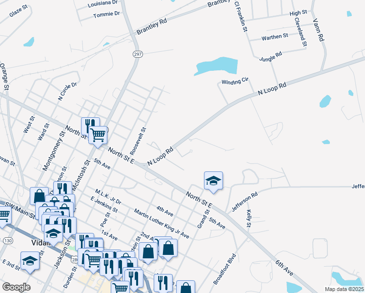 map of restaurants, bars, coffee shops, grocery stores, and more near 903 North Loop Road in Vidalia