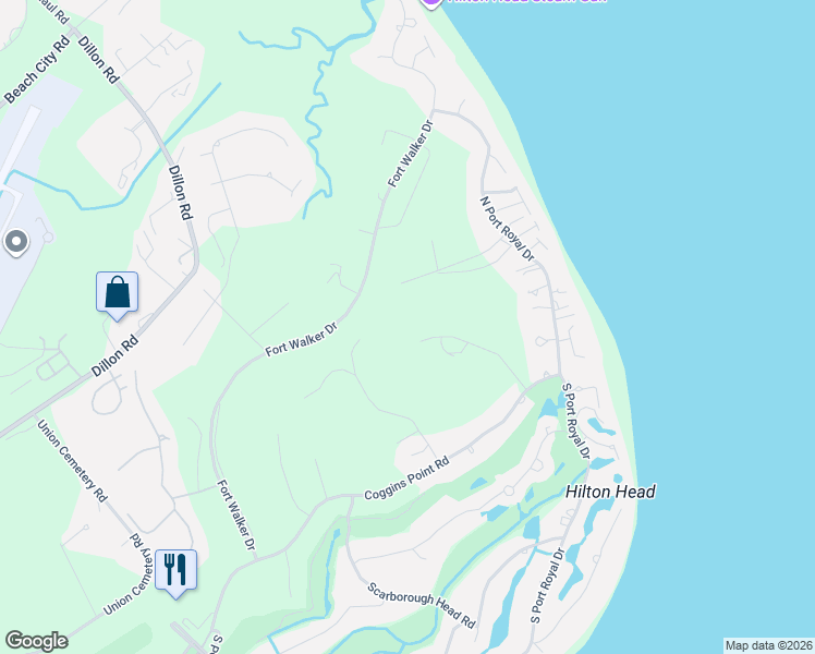 map of restaurants, bars, coffee shops, grocery stores, and more near 34 Sherman Drive in Hilton Head Island