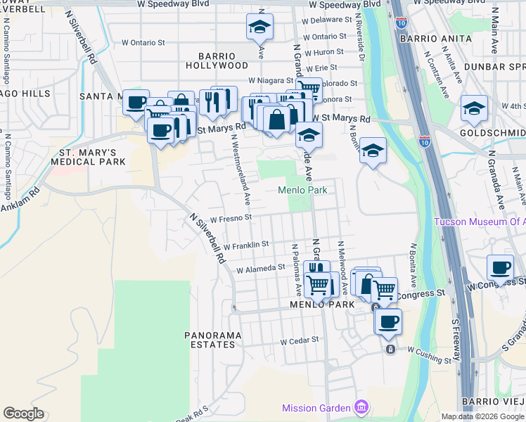 map of restaurants, bars, coffee shops, grocery stores, and more near 1212 West Fresno Street in Tucson