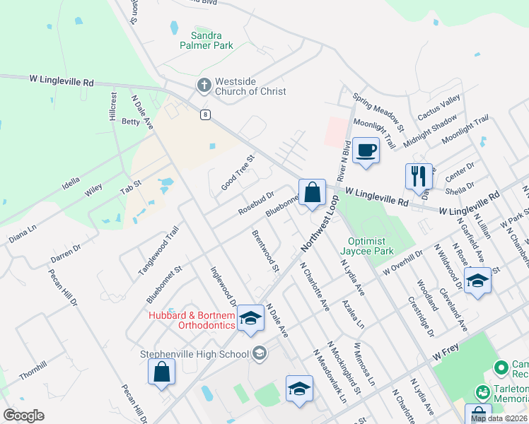 map of restaurants, bars, coffee shops, grocery stores, and more near 147 Willow Lane in Stephenville