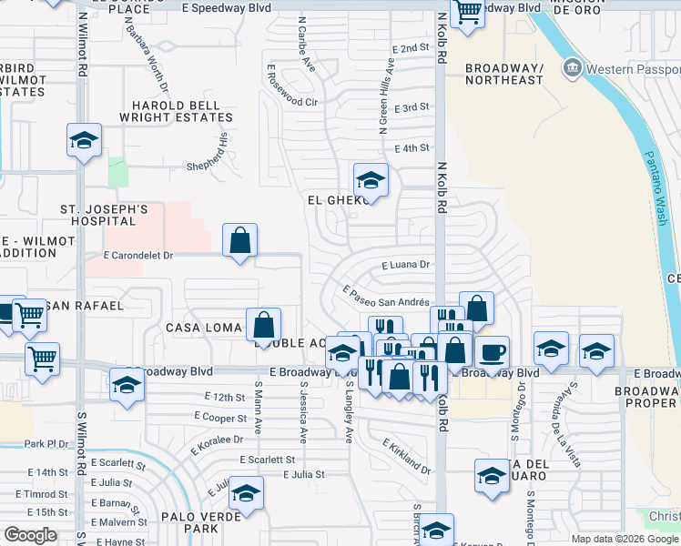 map of restaurants, bars, coffee shops, grocery stores, and more near 6847 East Paseo San Andrés in Tucson