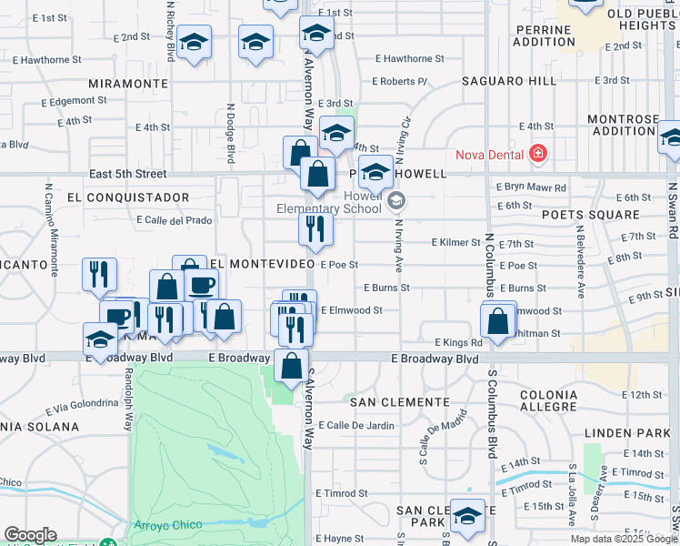 map of restaurants, bars, coffee shops, grocery stores, and more near 202 North Rojen Court in Tucson