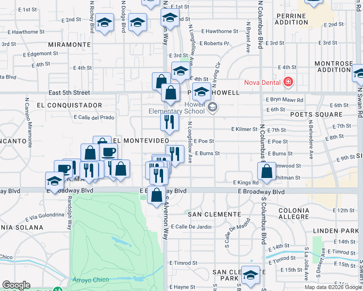 map of restaurants, bars, coffee shops, grocery stores, and more near 202 North Rojen Court in Tucson