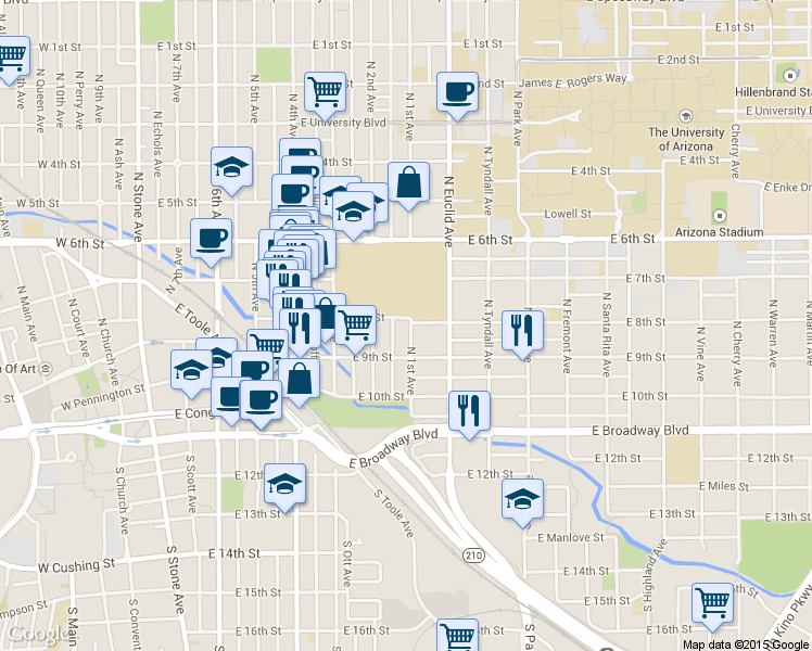 map of restaurants, bars, coffee shops, grocery stores, and more near 219 North 1st Avenue in Tucson