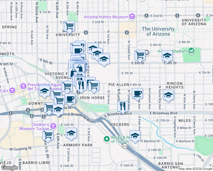 map of restaurants, bars, coffee shops, grocery stores, and more near 222-224 North 1st Avenue in Tucson