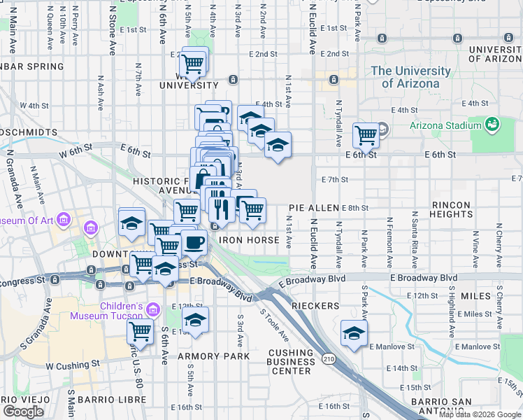 map of restaurants, bars, coffee shops, grocery stores, and more near 223 North 2nd Avenue in Tucson