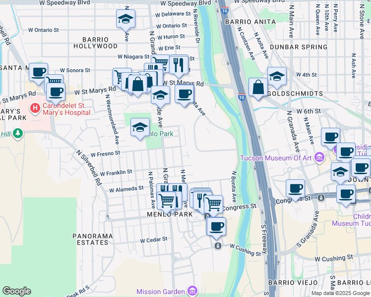 map of restaurants, bars, coffee shops, grocery stores, and more near 843 West Park Road in Tucson
