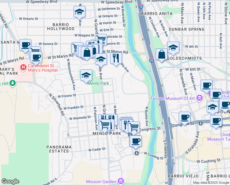 map of restaurants, bars, coffee shops, grocery stores, and more near 231 North Melwood Avenue in Tucson