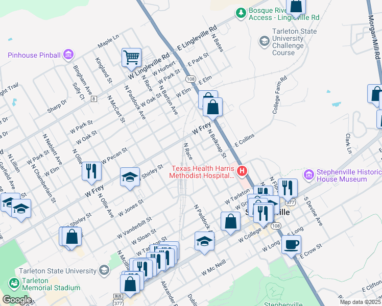 map of restaurants, bars, coffee shops, grocery stores, and more near 746 North Barton Avenue in Stephenville