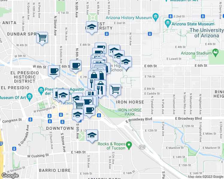 map of restaurants, bars, coffee shops, grocery stores, and more near 510 East 8th Street in Tucson