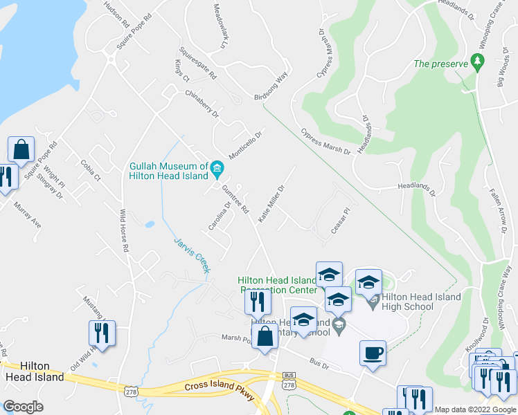 map of restaurants, bars, coffee shops, grocery stores, and more near 104 Gumtree Road in Hilton Head Island