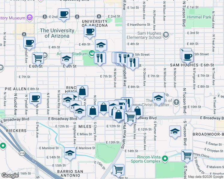 map of restaurants, bars, coffee shops, grocery stores, and more near 1736 East 8th Street in Tucson