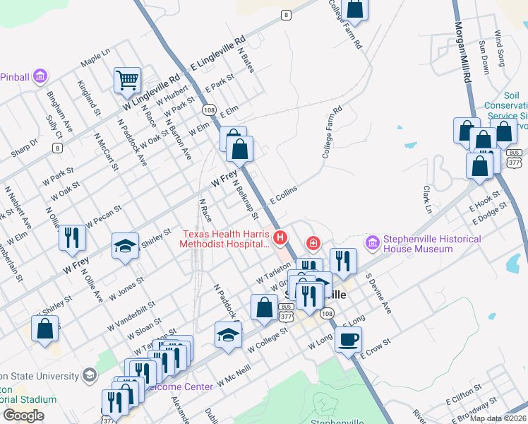 map of restaurants, bars, coffee shops, grocery stores, and more near 652 North Graham Street in Stephenville