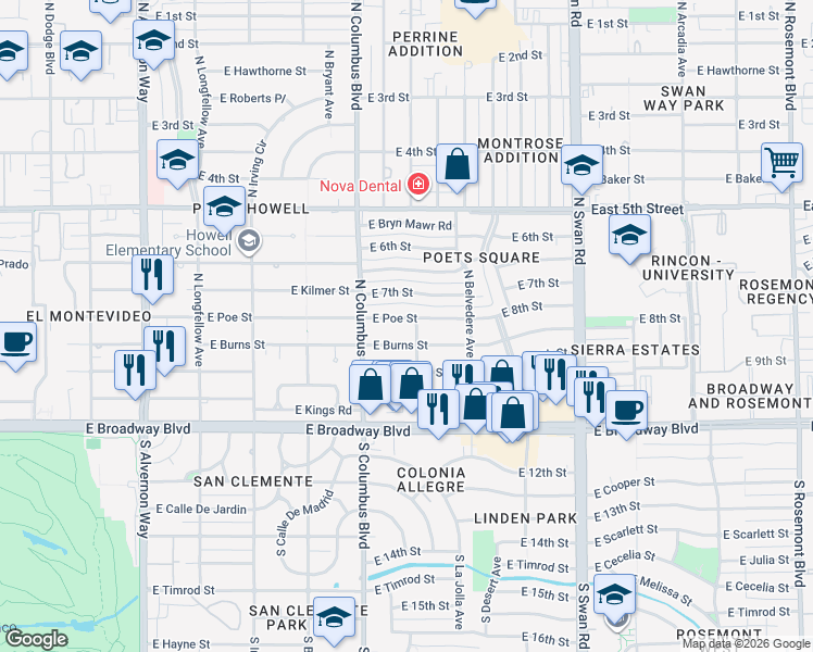 map of restaurants, bars, coffee shops, grocery stores, and more near 4337 East Burns Street in Tucson