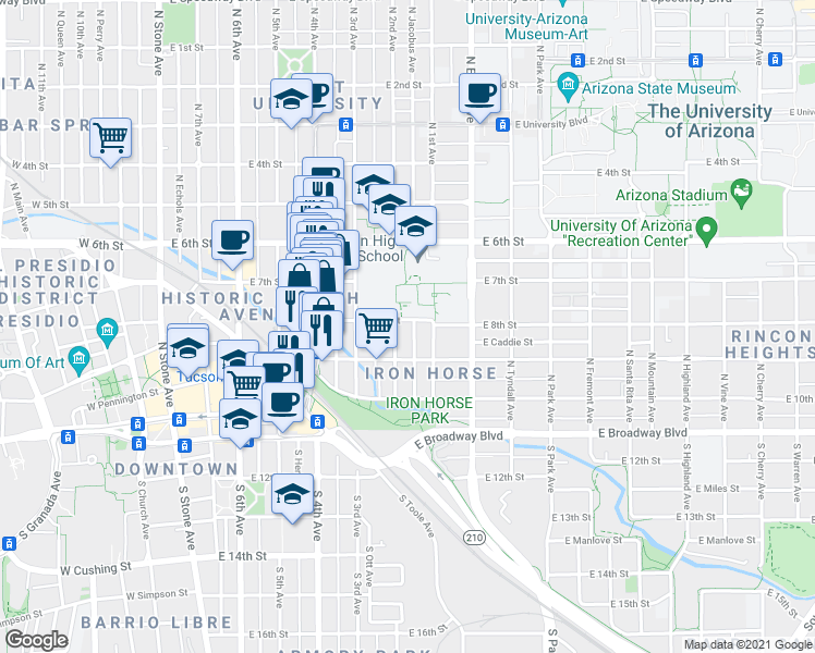 map of restaurants, bars, coffee shops, grocery stores, and more near 616 East 8th Street in Tucson