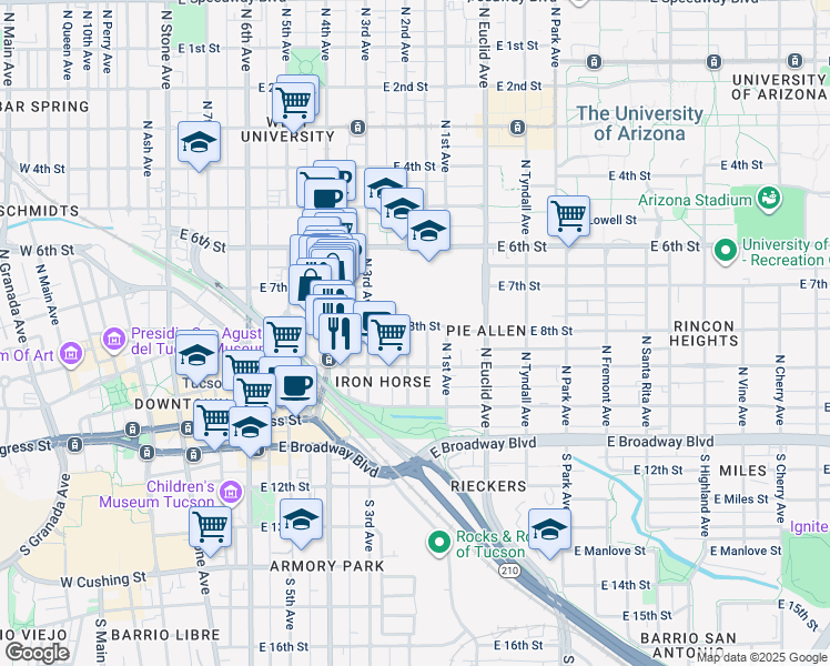 map of restaurants, bars, coffee shops, grocery stores, and more near 246 North 2nd Avenue in Tucson