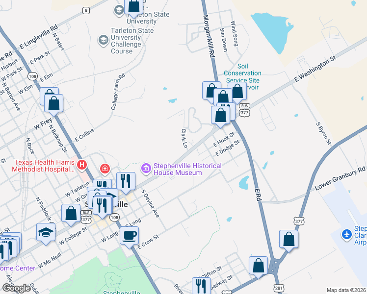 map of restaurants, bars, coffee shops, grocery stores, and more near 122 Clark Lane in Stephenville