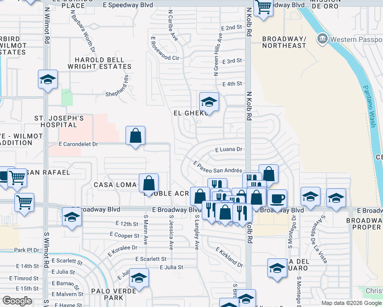 map of restaurants, bars, coffee shops, grocery stores, and more near 6847 East Paseo San Andrés in Tucson