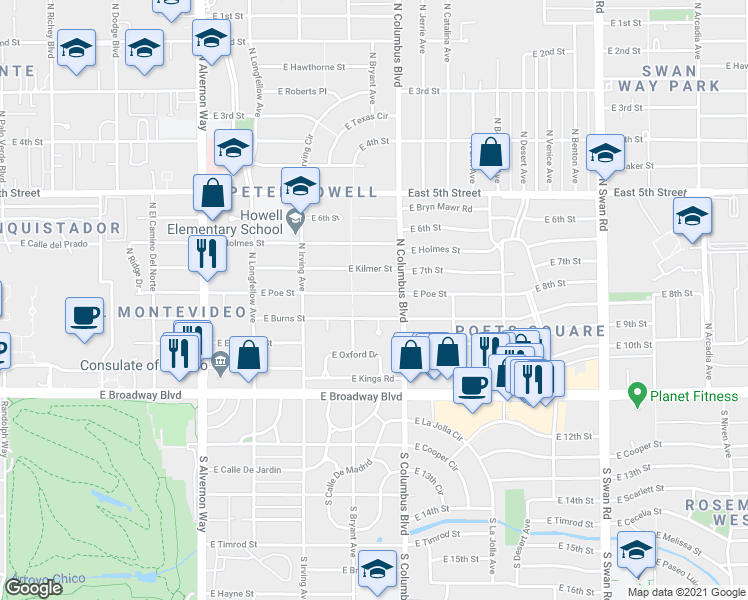 map of restaurants, bars, coffee shops, grocery stores, and more near 4232 East Poe Street in Tucson