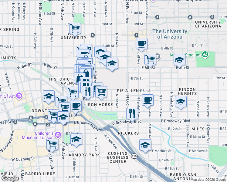 map of restaurants, bars, coffee shops, grocery stores, and more near 634 East 8th Street in Tucson