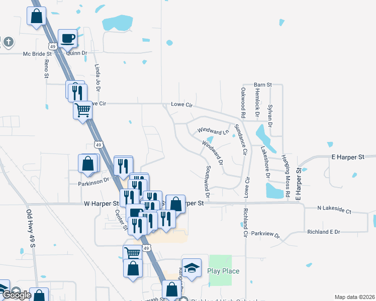 map of restaurants, bars, coffee shops, grocery stores, and more near 230 Southwind Drive in Richland