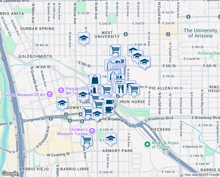 map of restaurants, bars, coffee shops, grocery stores, and more near 260 East 8th Street in Tucson