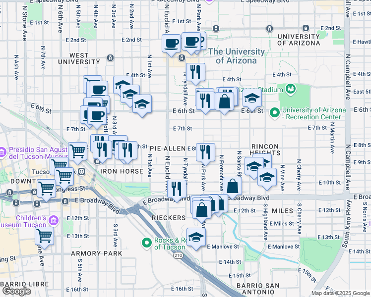 map of restaurants, bars, coffee shops, grocery stores, and more near N Tyndall Ave & E 8th St in Tucson