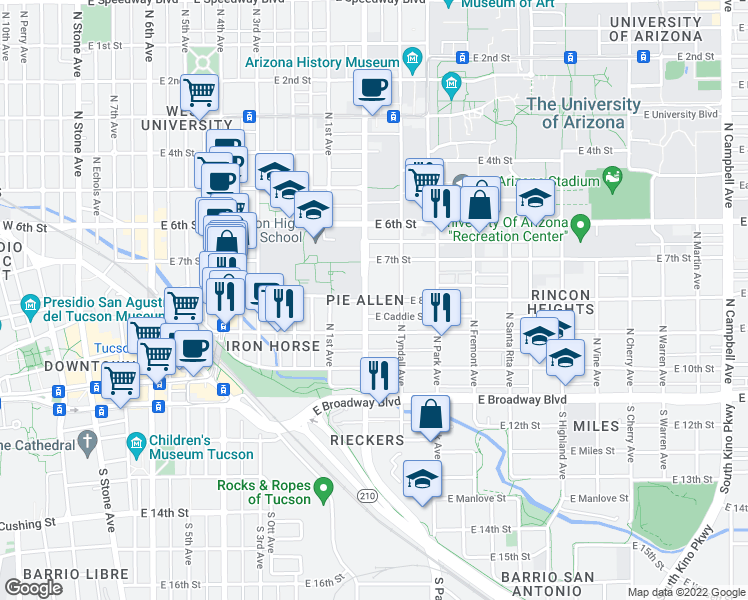 map of restaurants, bars, coffee shops, grocery stores, and more near 811 East 8th Street in Tucson