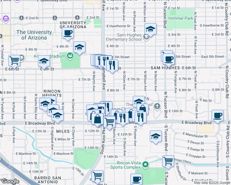 map of restaurants, bars, coffee shops, grocery stores, and more near 217 North Olsen Avenue in Tucson