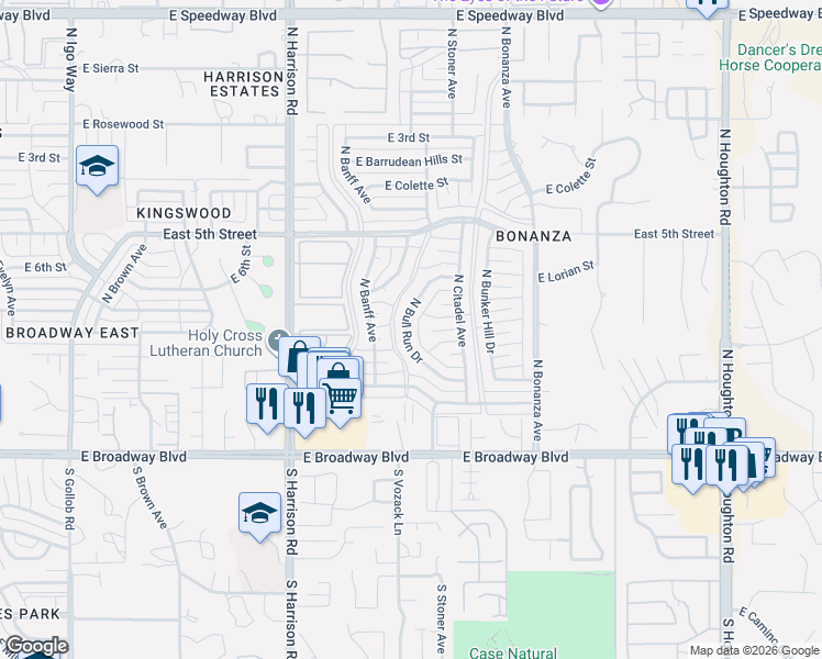map of restaurants, bars, coffee shops, grocery stores, and more near 326 North Bull Run Drive in Tucson