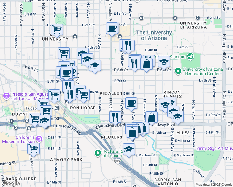 map of restaurants, bars, coffee shops, grocery stores, and more near 2091 North Tyndall Avenue in Tucson