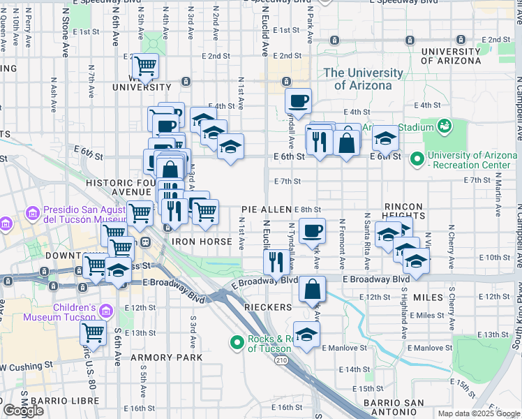 map of restaurants, bars, coffee shops, grocery stores, and more near in Tucson