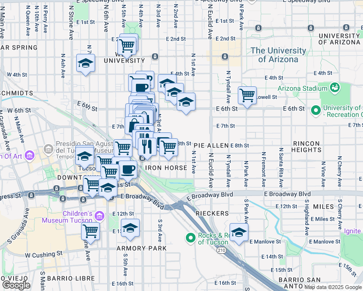 map of restaurants, bars, coffee shops, grocery stores, and more near 222 North 2nd Avenue in Tucson