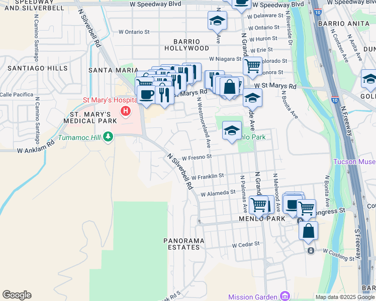 map of restaurants, bars, coffee shops, grocery stores, and more near 1430 West Fresno Street in Tucson