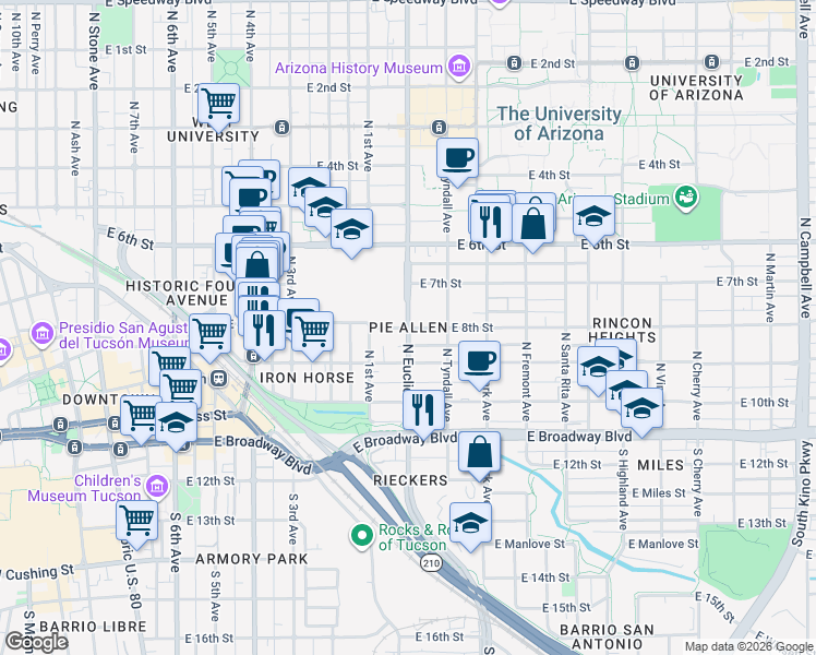 map of restaurants, bars, coffee shops, grocery stores, and more near N Euclid Ave & E 8th St in Tucson