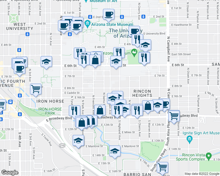 map of restaurants, bars, coffee shops, grocery stores, and more near N Mountain Ave & E 8th St in Tucson