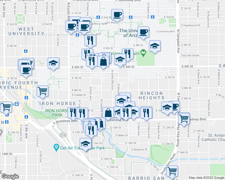 map of restaurants, bars, coffee shops, grocery stores, and more near E 8th St & N Santa Rita Ave in Tucson