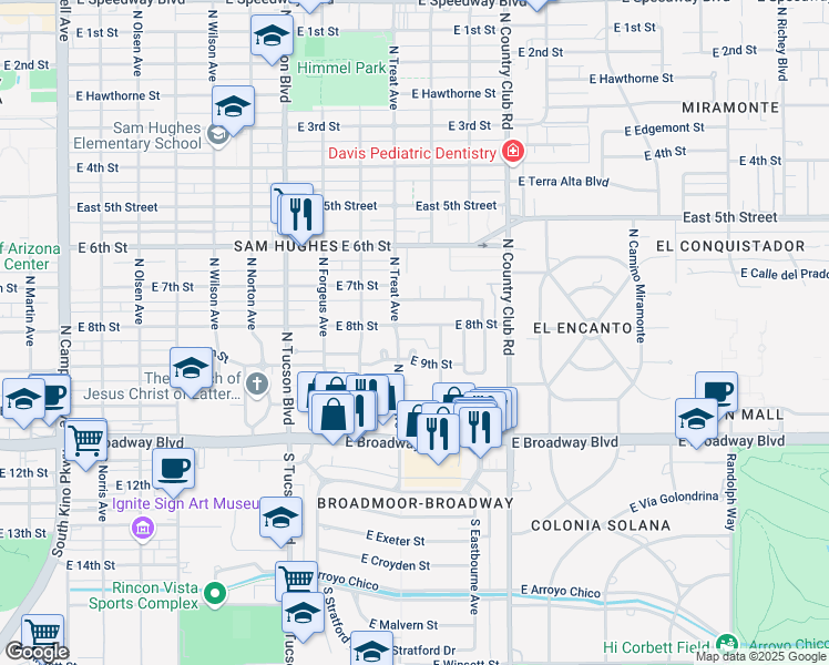 map of restaurants, bars, coffee shops, grocery stores, and more near 2816 East 8th Street in Tucson