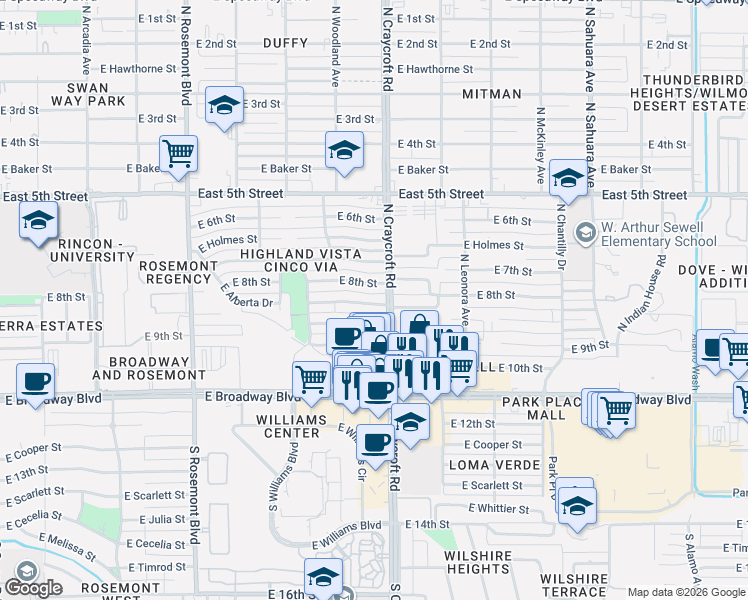 map of restaurants, bars, coffee shops, grocery stores, and more near 5449 East Burns Street in Tucson